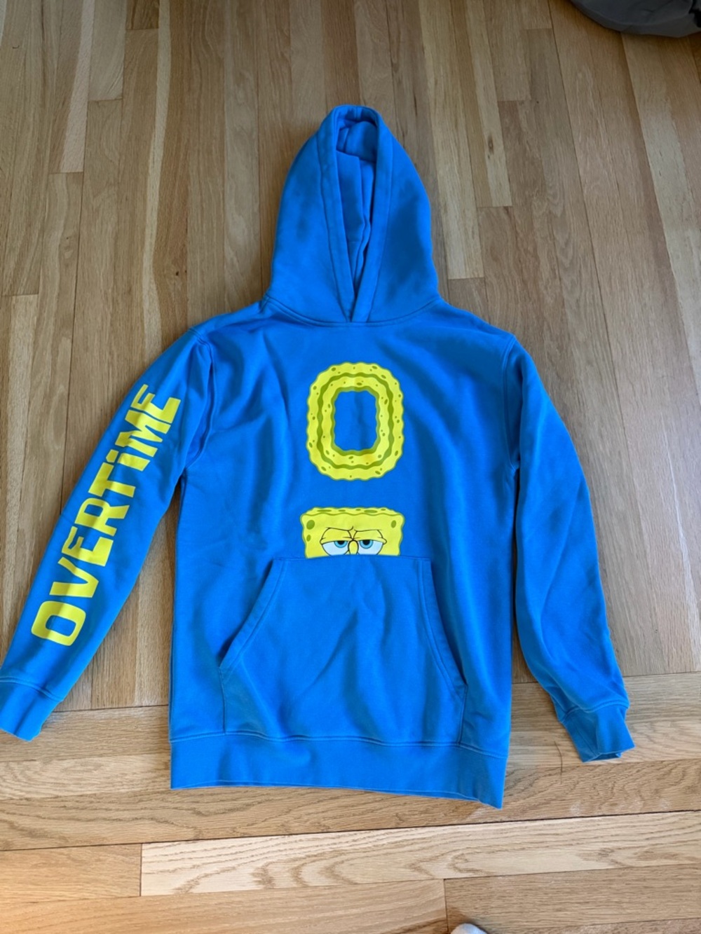 SpongeBob Squarepants Blue Hoodie with Yellow Graphic & 'OVERTIME' Sleeve